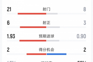 切尔西1-2桑德兰全场数据:射门8-21,射正3-6,红牌1-0